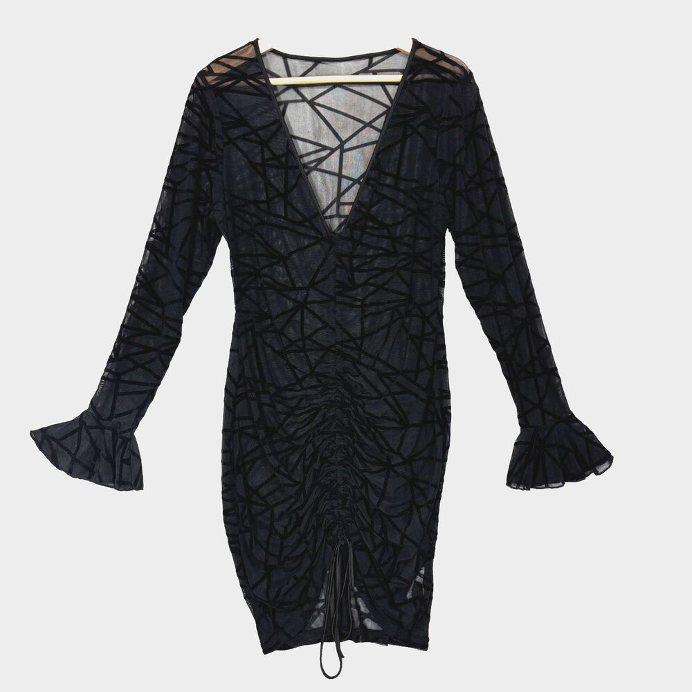Ruffled Mesh Sheer Drawstring Black Bodycon Dress Sz 1X Festival Club Cover-up - Picture 7 of 11